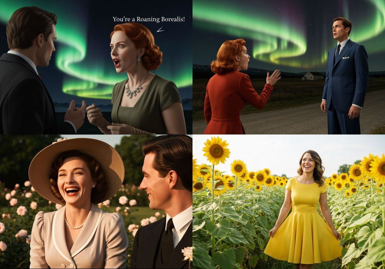 Vintage Woman Yelling Under Aurora Borealis