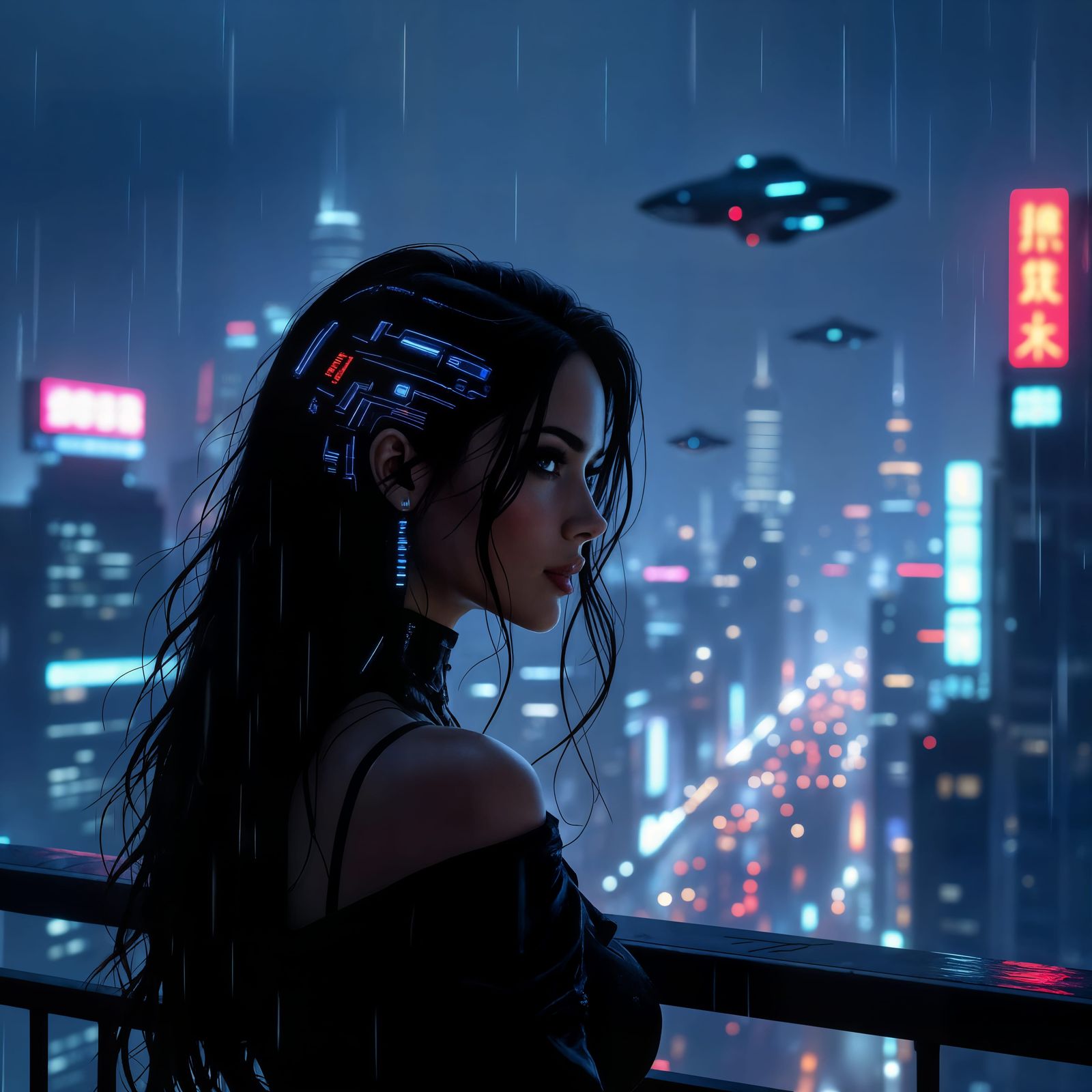 Melancholic Cyberpunk Romance: Woman on Balcony
