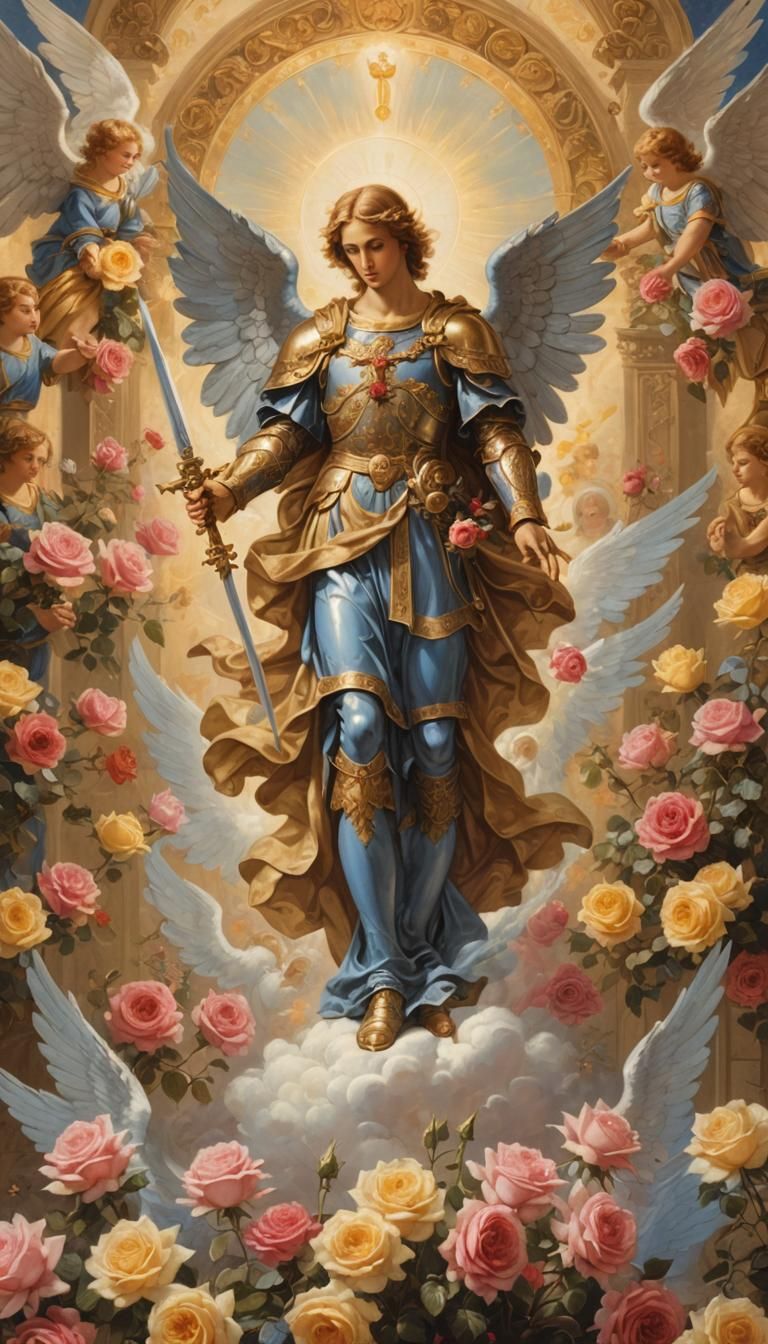 Archangel Michael with Sword, Angel, and Roses
