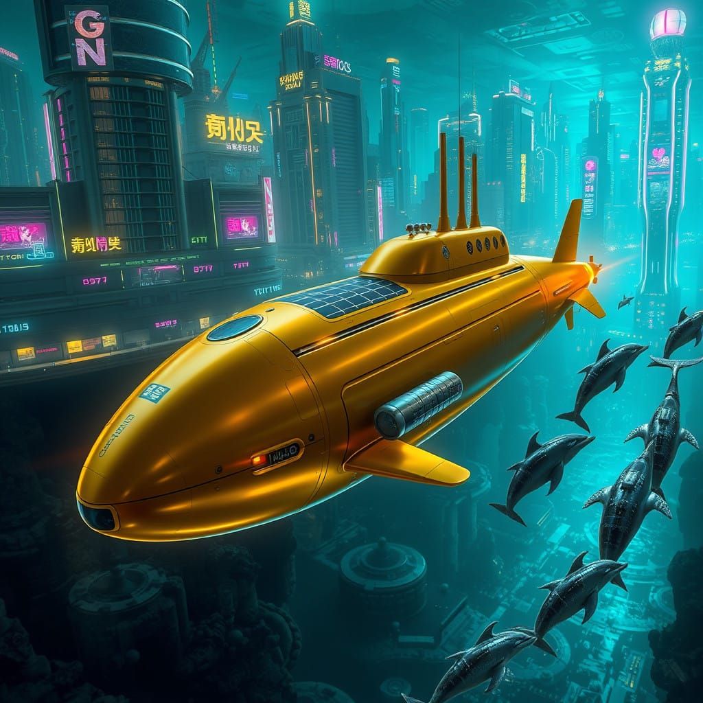 Golden Submarine Explores Underwater City in Cyberpunk Futur...