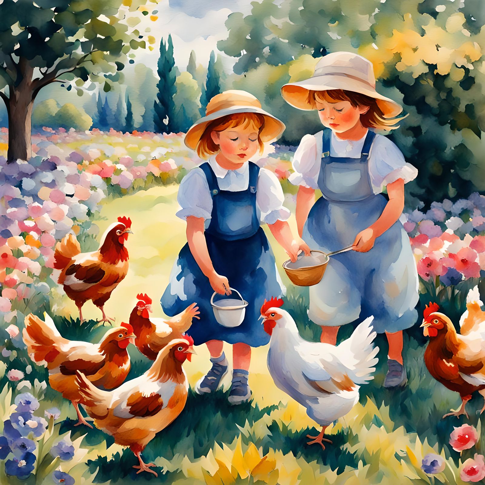 Children Playing with Chickens: Watercolor Gouache Painting