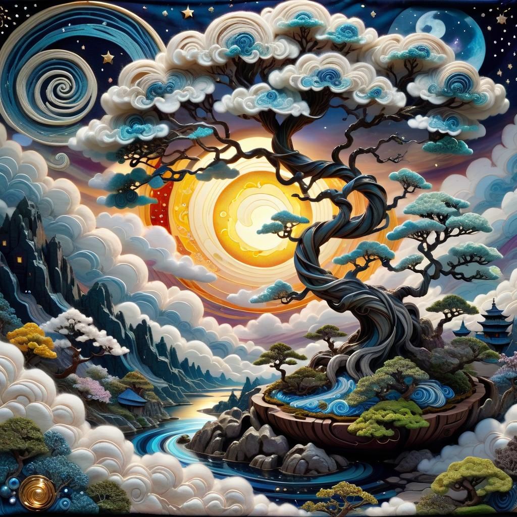 Gnome House on Bonsai Under Moonlight, Detailed Acrylic Pain...