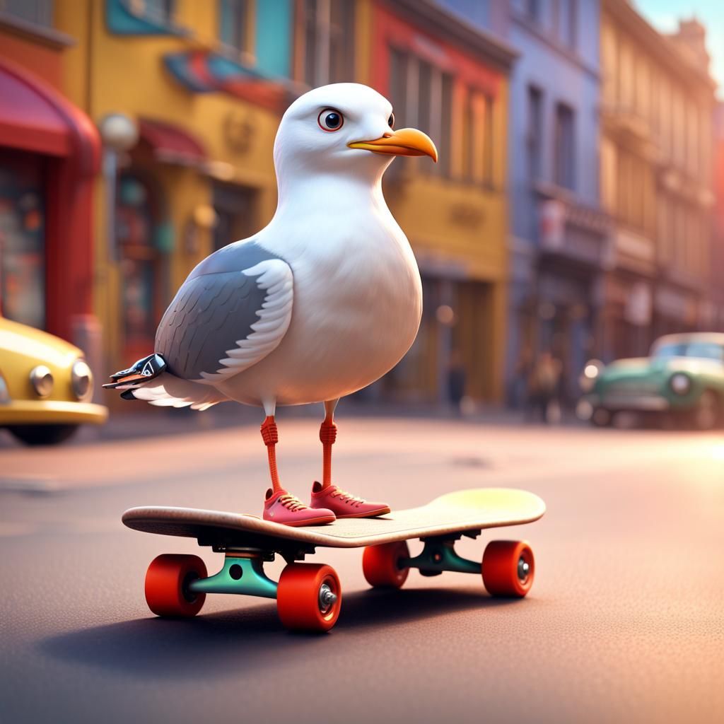 Seagull Skateboarder: Pixar-Style 3D Rendering