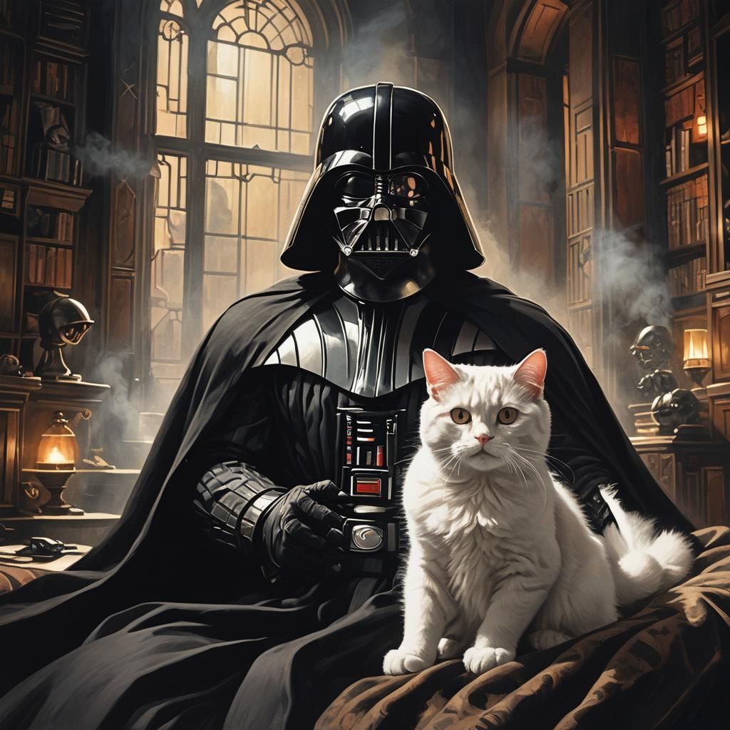 Darth Vader is cuddling with a white cat, like Blofield in J...