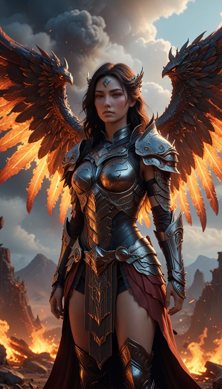 Angel-Demon Warrior in Burning Wasteland