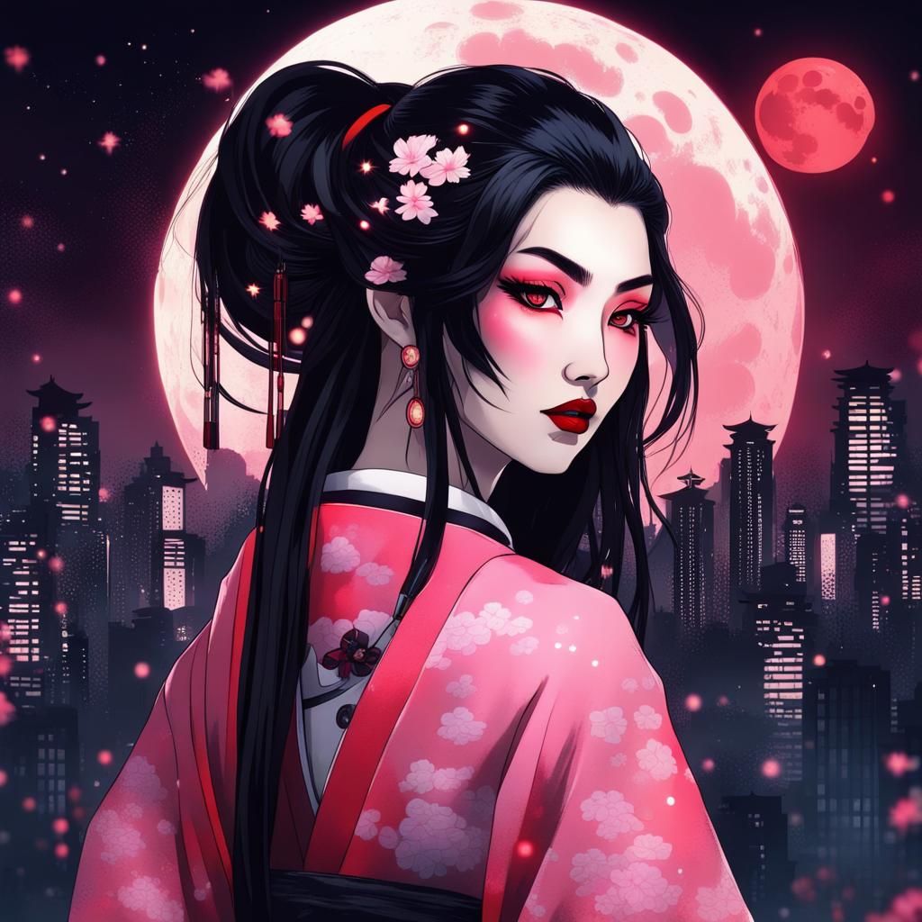 Cyberpunk Woman with Kimono and Glowing Eyes