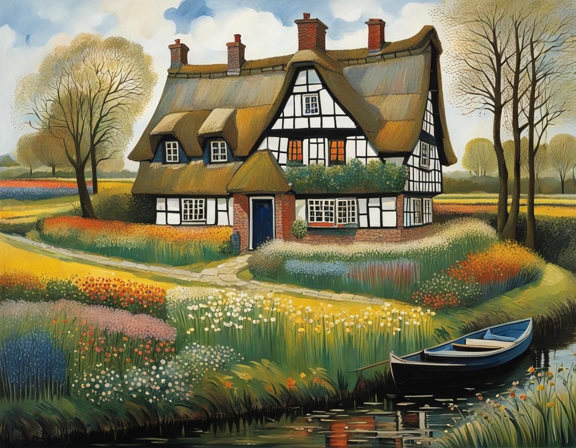 Charming Thatched House with Spring Garden, Detailed Art