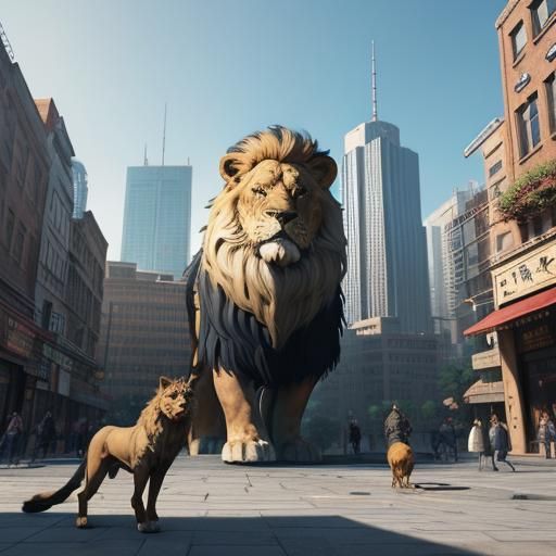 Dog, Cat, and Lion Play in Anime City