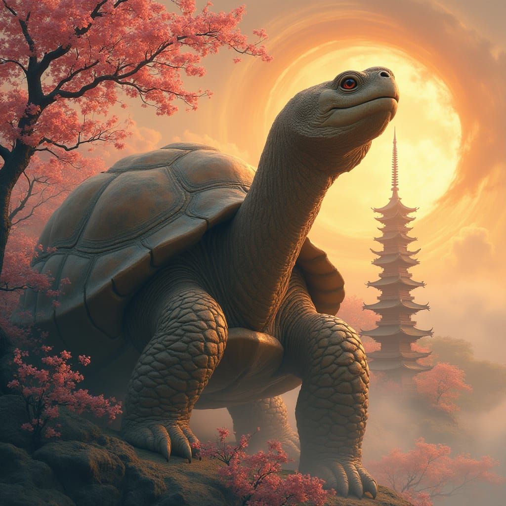 Ancient Tortoise Protects Pagoda in Sunset Light