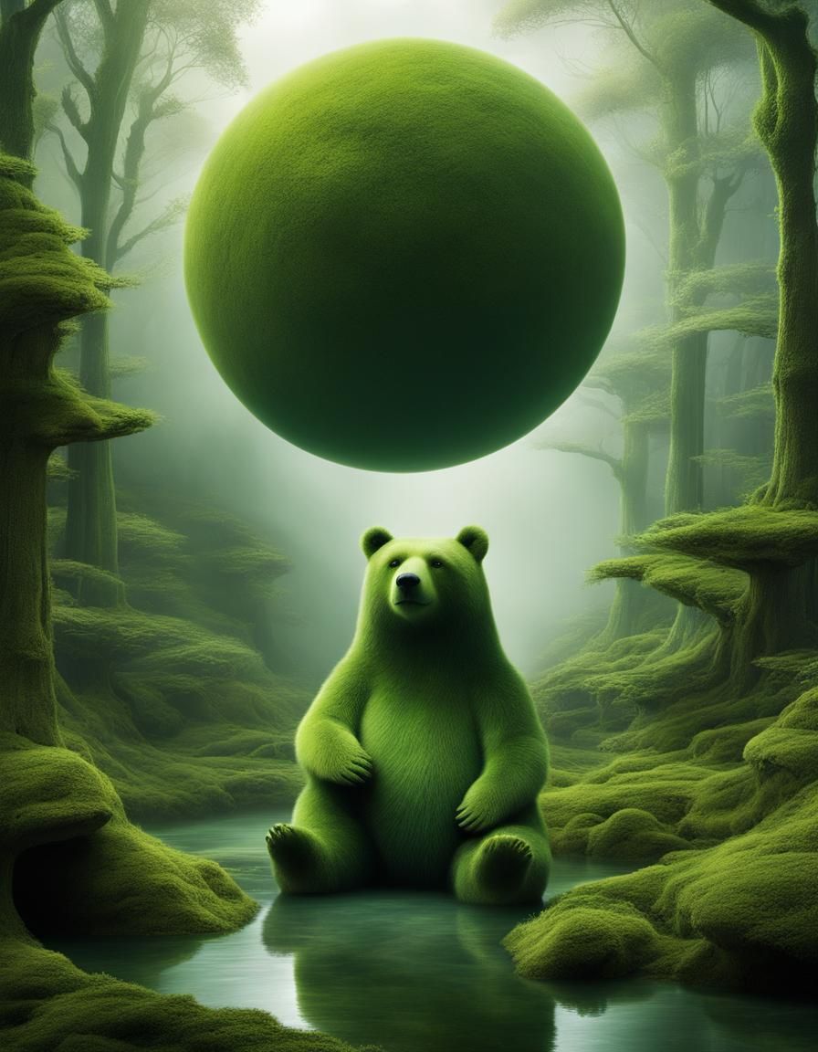 Surreal Lovescape: Architectural Sphere with Green Bear