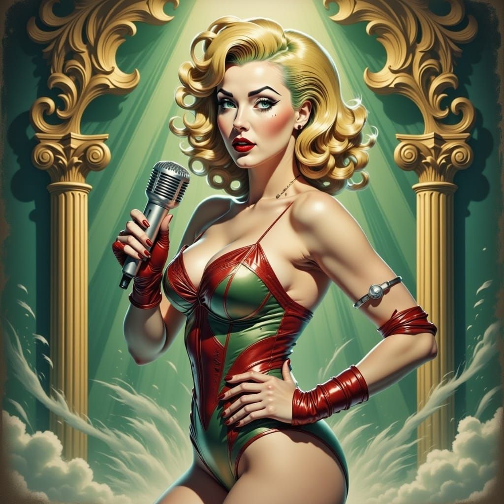 Ravishing Blonde Singer on Ornate Stage in 80s Style