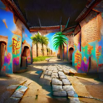Hyperrealistic Sumerian Street Scene with Murals