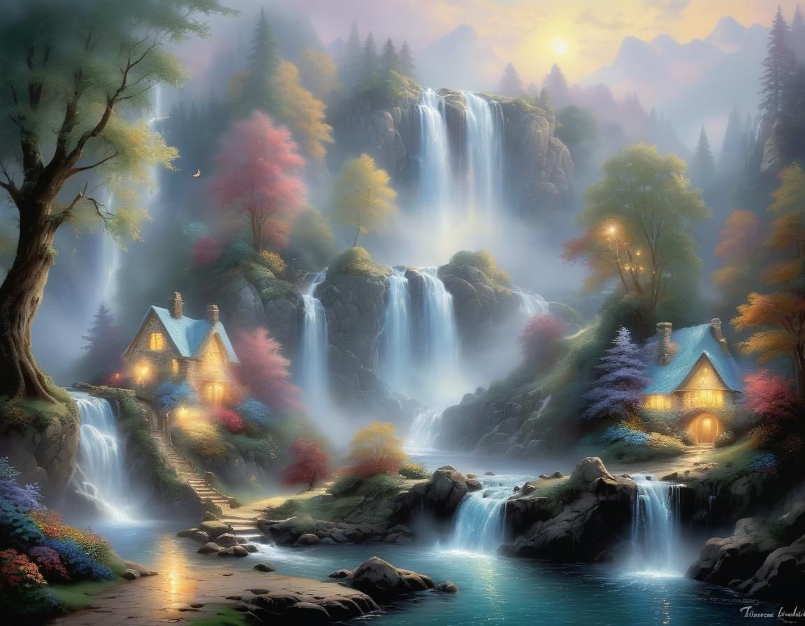 Ethereal Enchanted Waterfall in Fantasy Landscape