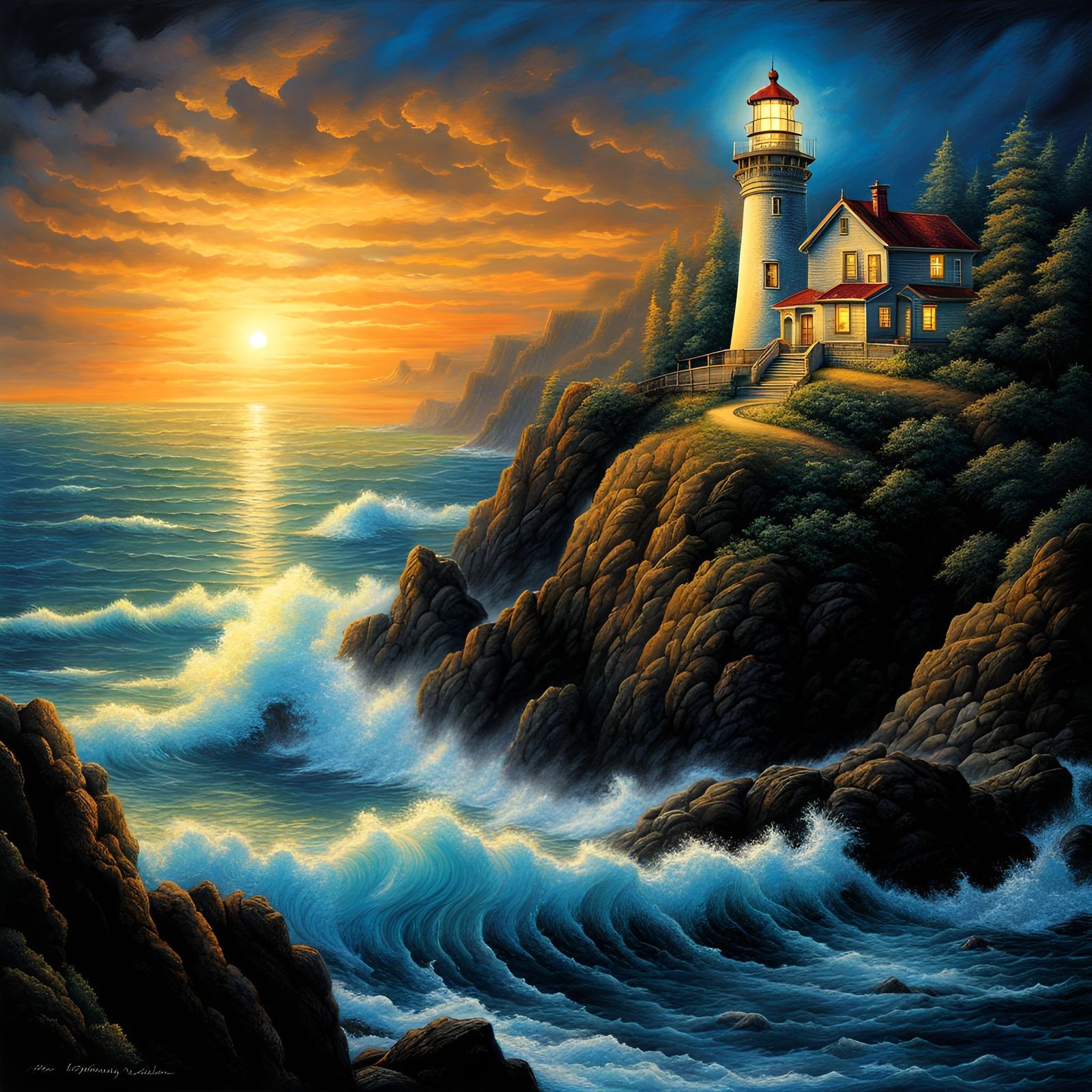 Radiant Lighthouse Guiding Ships at Night