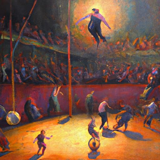Acrobat Juggling on High Wire, Oil on Canvas