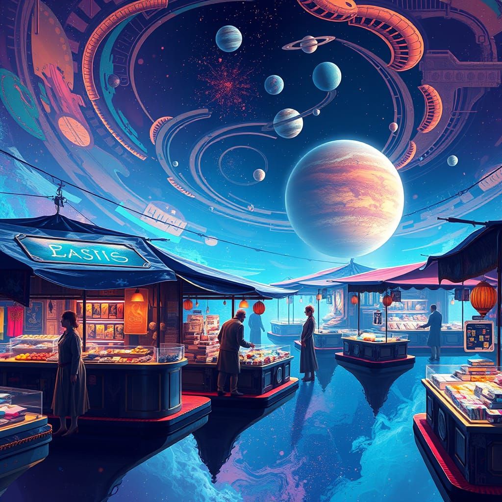 Floating Alien Market in Abstract Vector Art Style