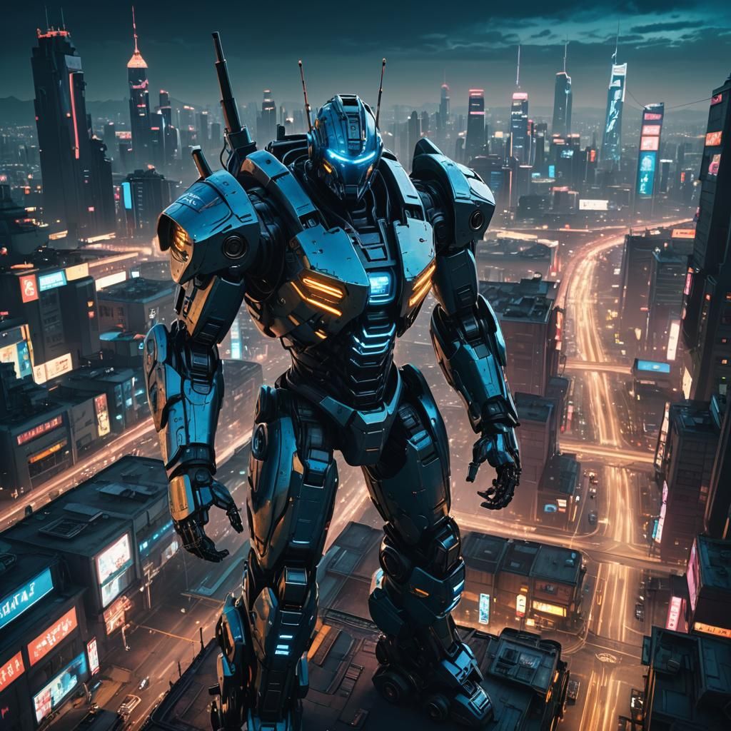 Giant Robot Towers Over Cyberpunk Cityscape