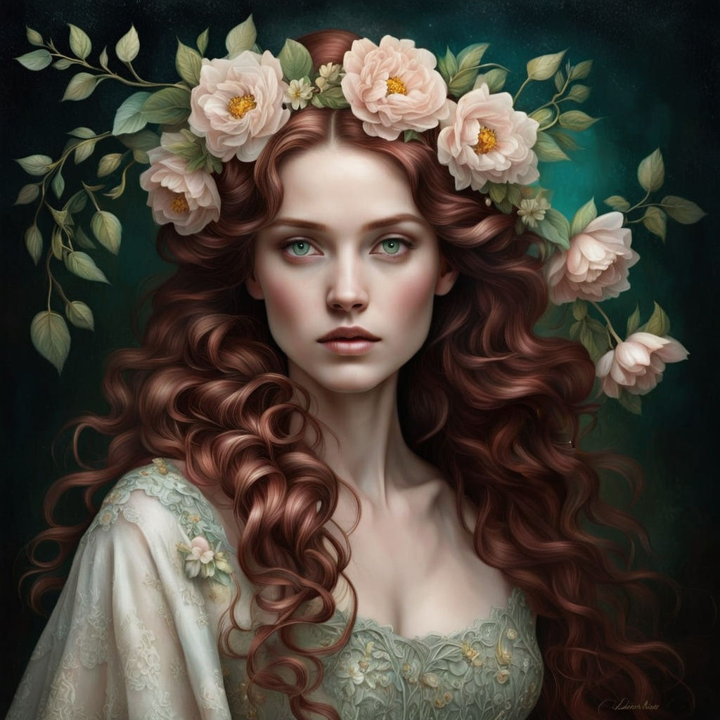 Ethereal Woman with Floral Hair, as Oil Painting