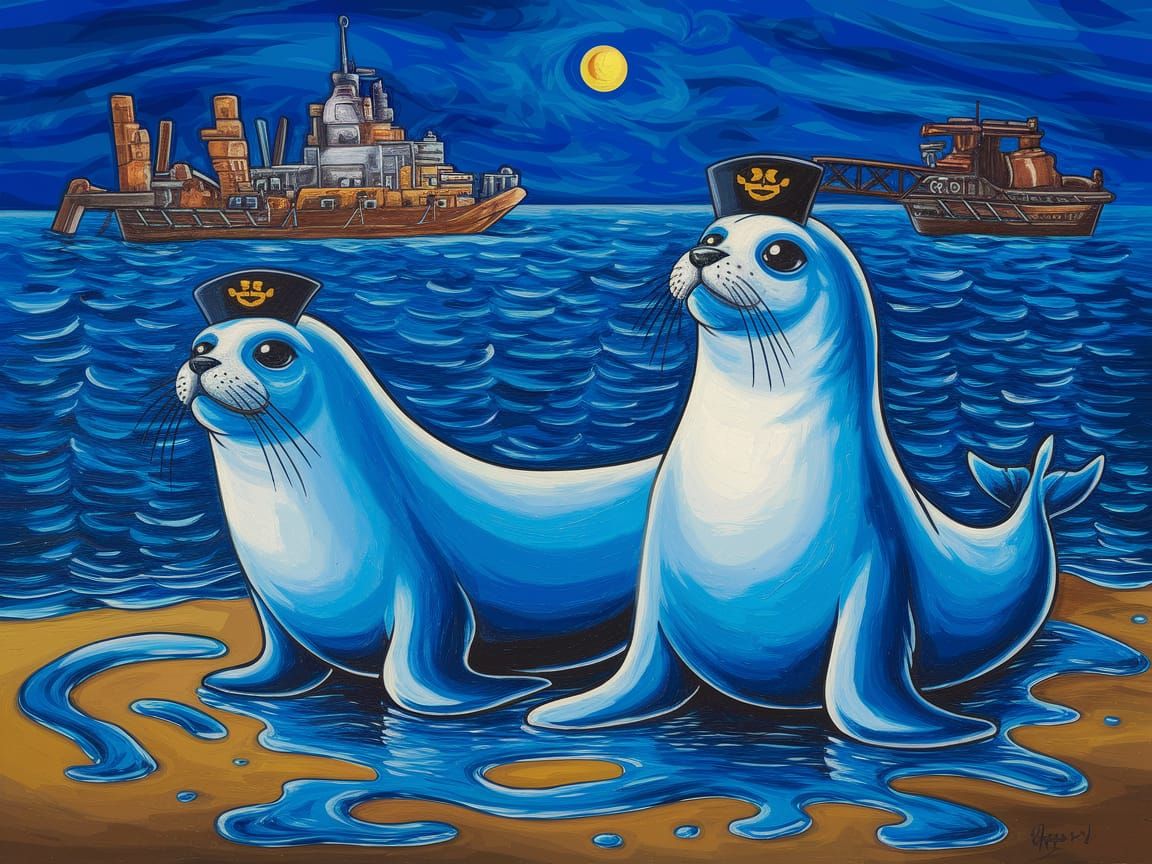 Sealions in Navy Insignia: Surrealist Oil Painting