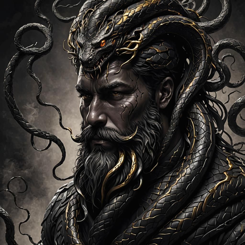 Serpentine Deity with Beard of Black Gold Snakes