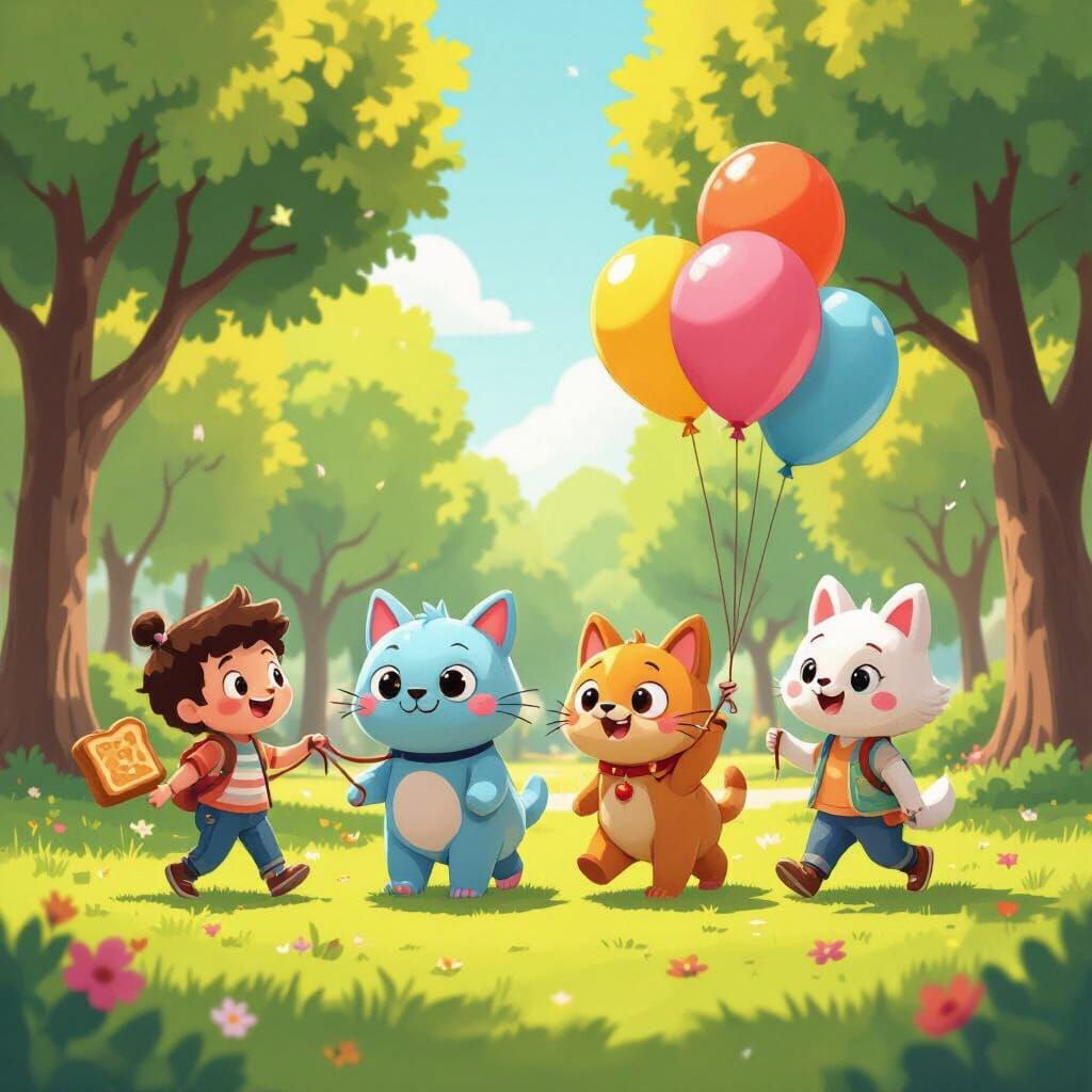 Cartoon Kids Walking Bizarre Balloon Pets in Park