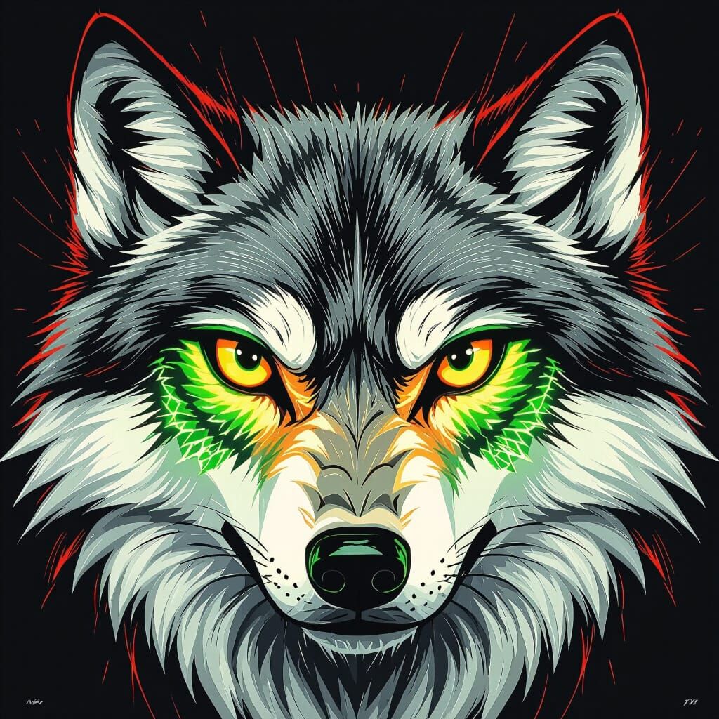 Neon Wolf Eyes on Black, Futuristic Design