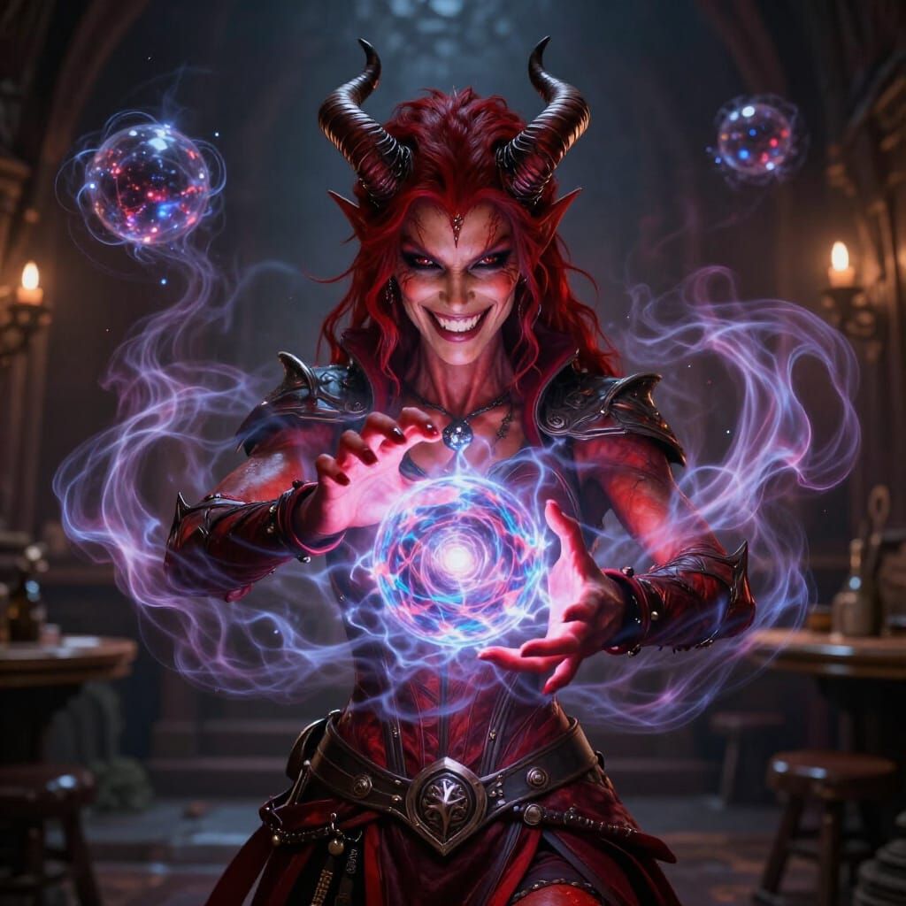 Tiefling Sorceress Conjures Magic Orb in Tavern