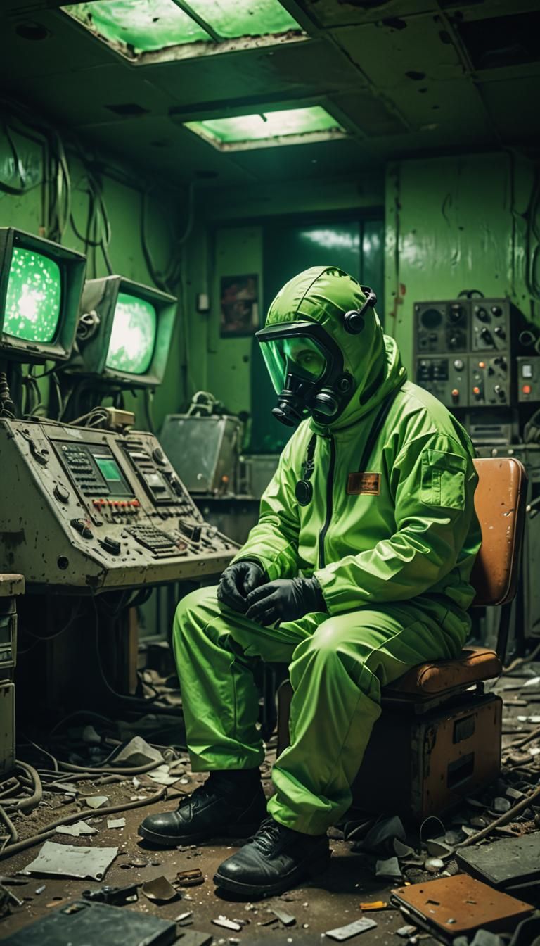 Hazmat Worker in Abandoned Room: Cinematic Film Still