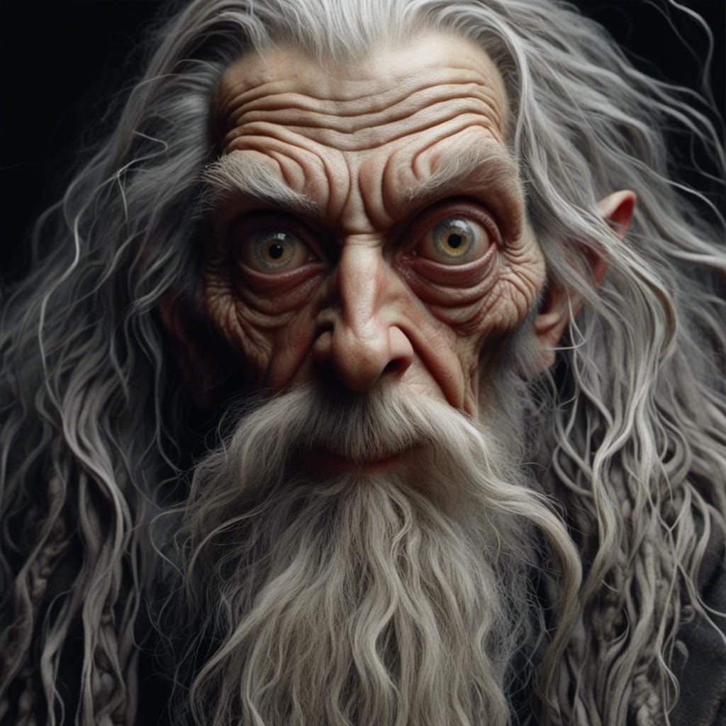 Hyperrealistic Gandalf Portrait in Mixed-Media Style