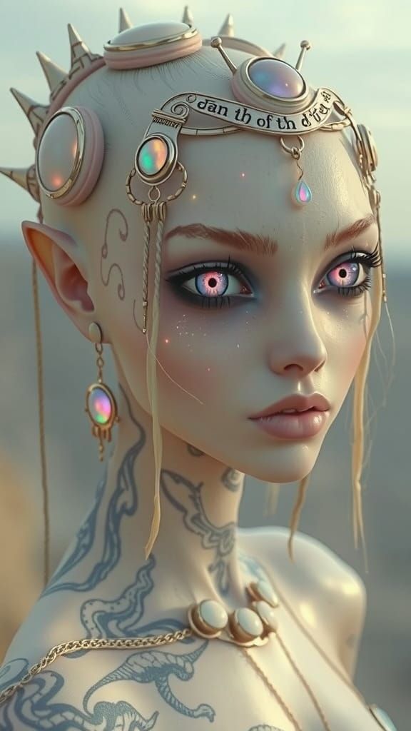 Alien Woman with Opal Skin and Glowing Tattoos