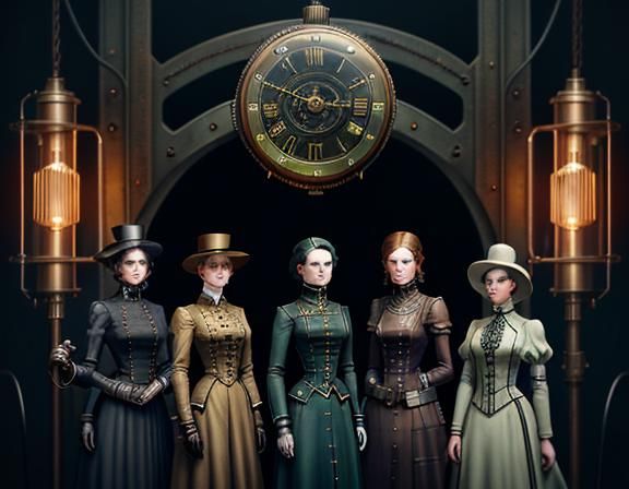 Steampunk Women Inside Time Machine: Cinematic Digital Art