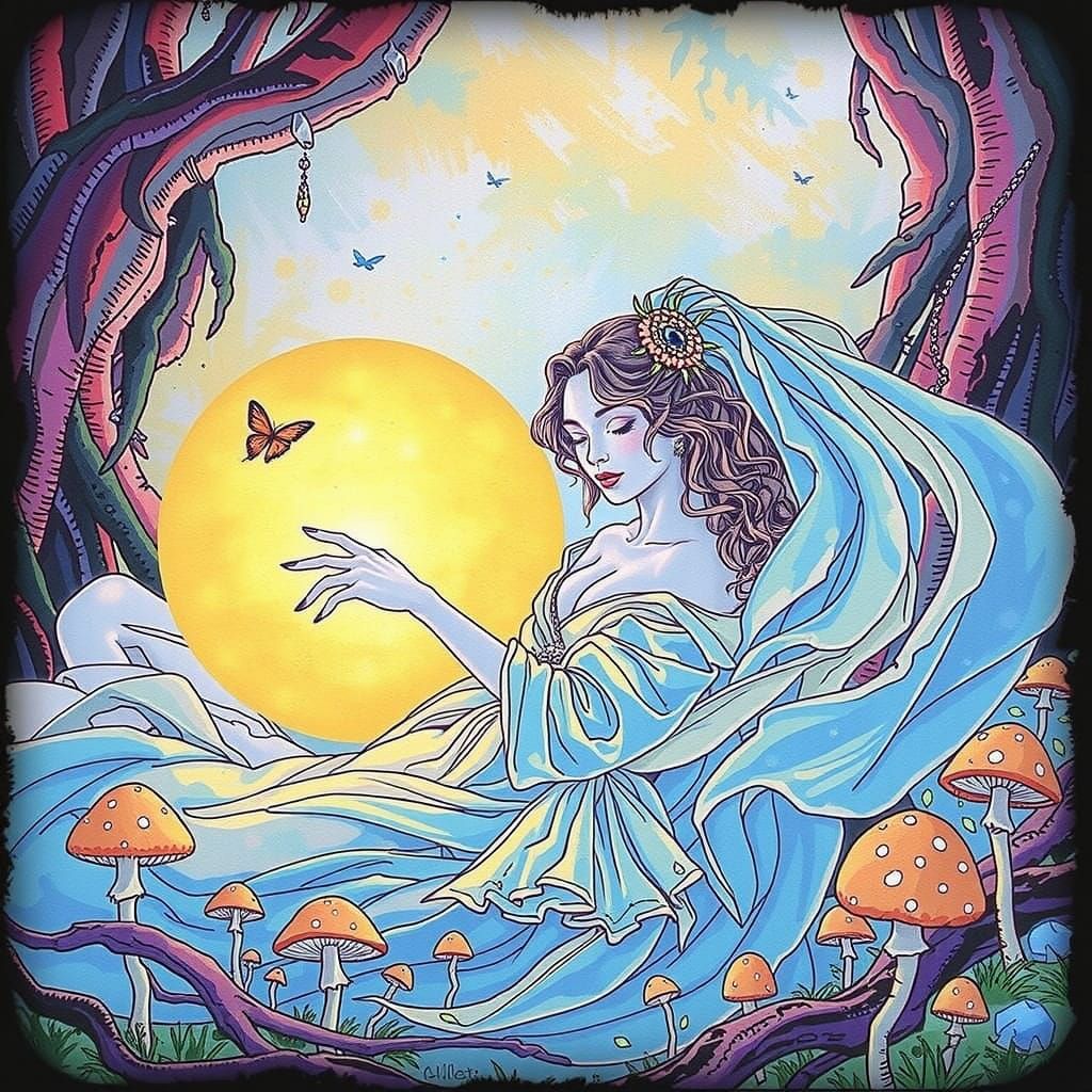 Bioluminescent Forest Scene with Figure in Romantic Style