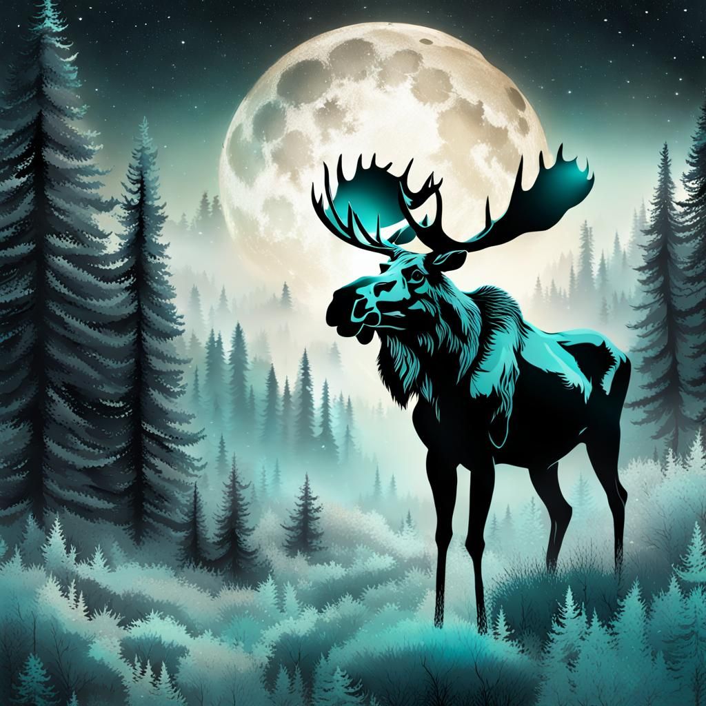 Majestic Metallic Moose Migrates in Moonlit Meadow