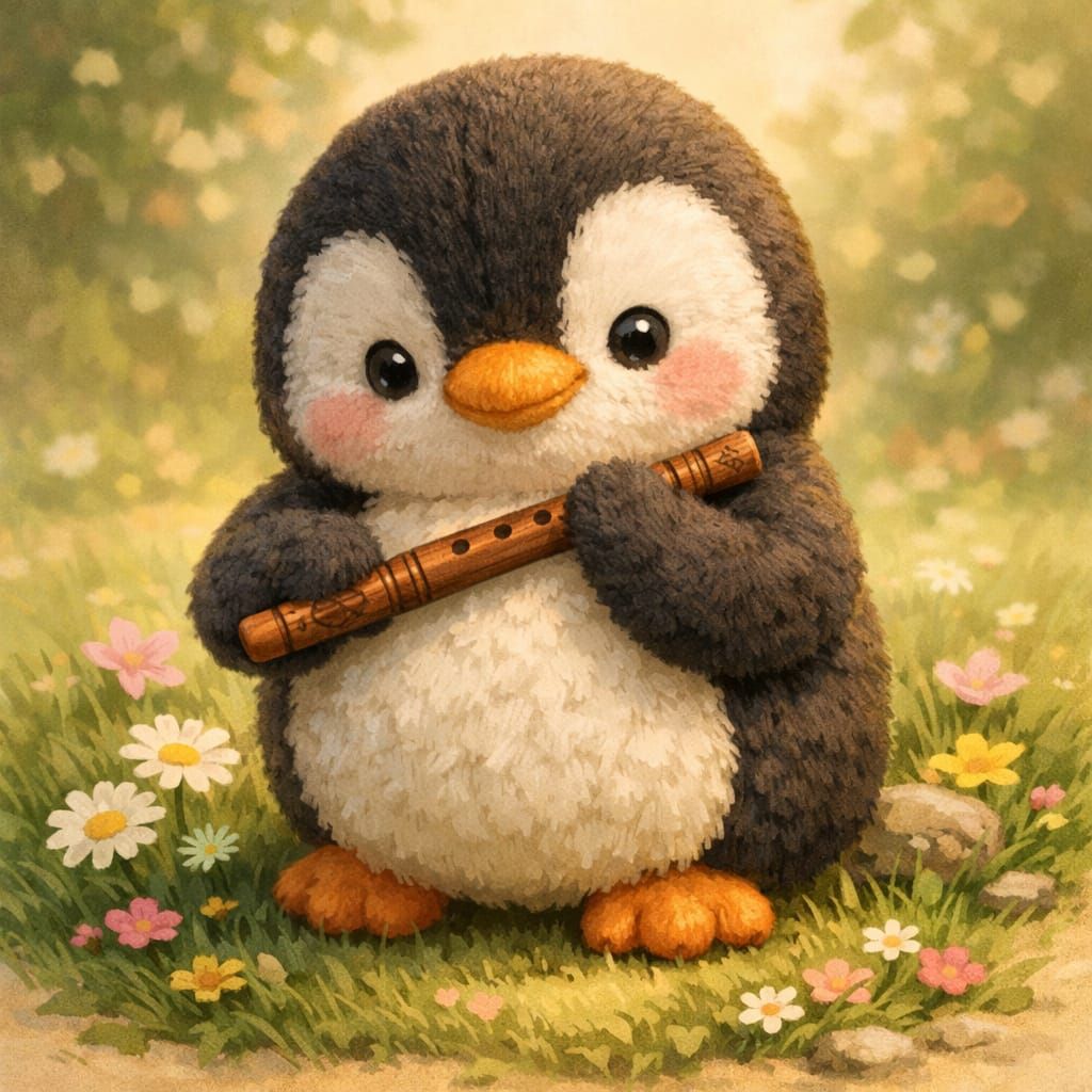 Penguin Plushie with Wooden Flute on Spring Grass