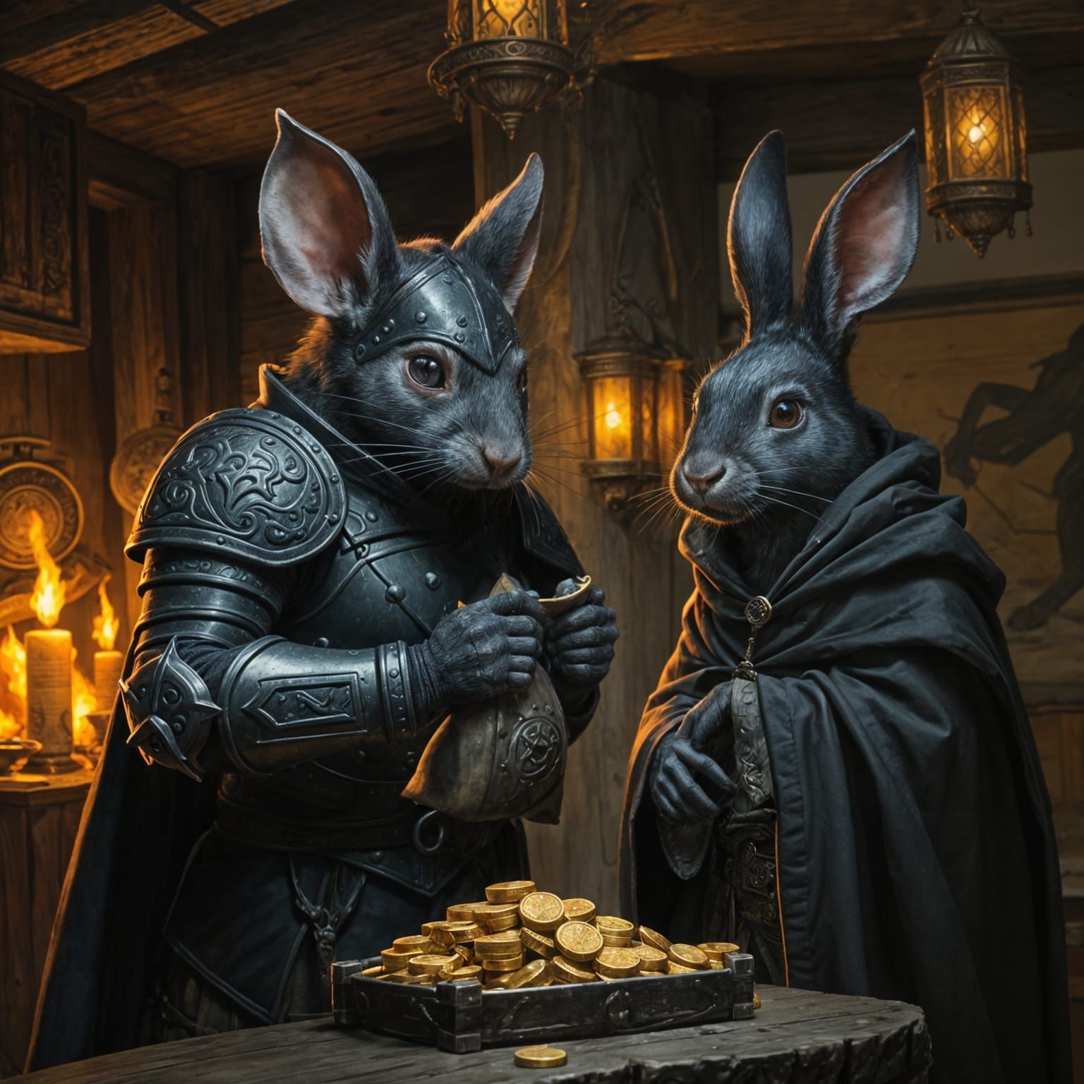 Mouse Mercenary Offers Pouch to Rabbit Bard in Tavern