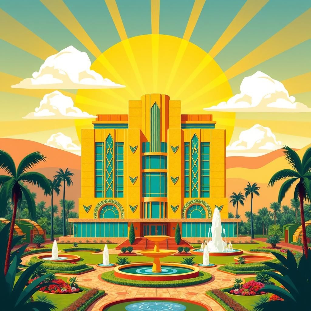 Art Deco Building with Geometric Shapes and Gardens