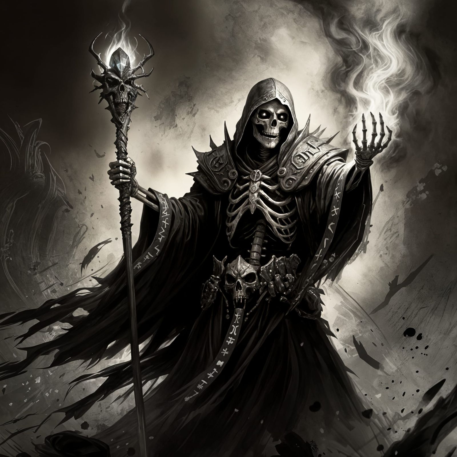 Skeleton Necromancer Casting Spell, Ink Drawing