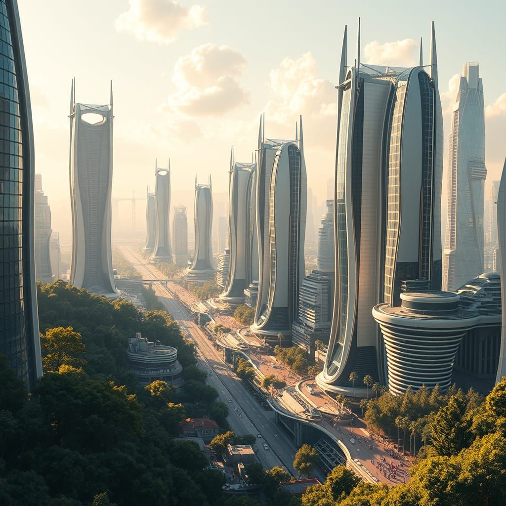 Sleek Futuristic Cityscape in Vibrant Harmony