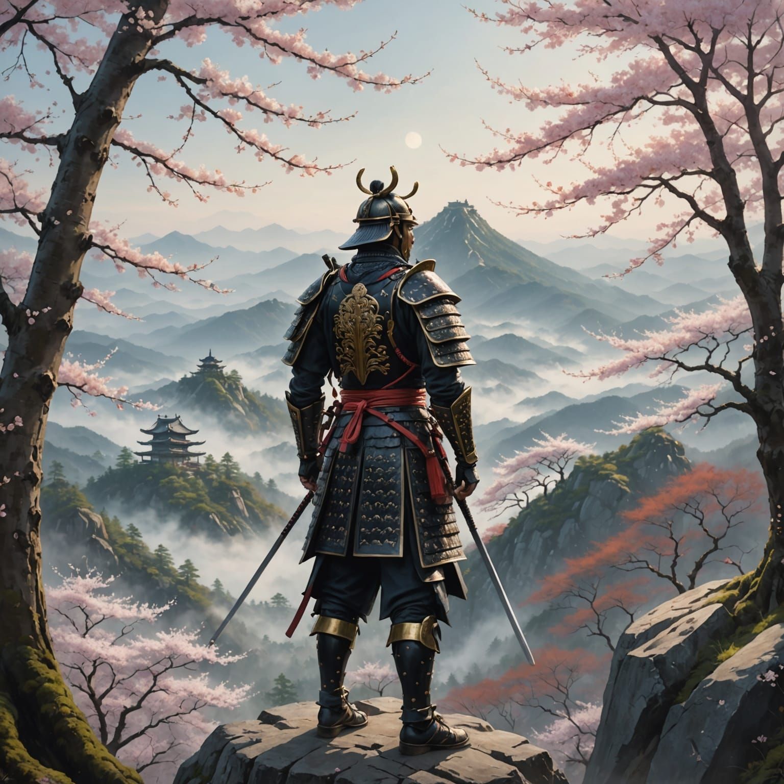 Lone Samurai on Misty Mountain Peak in Photorealistic Style