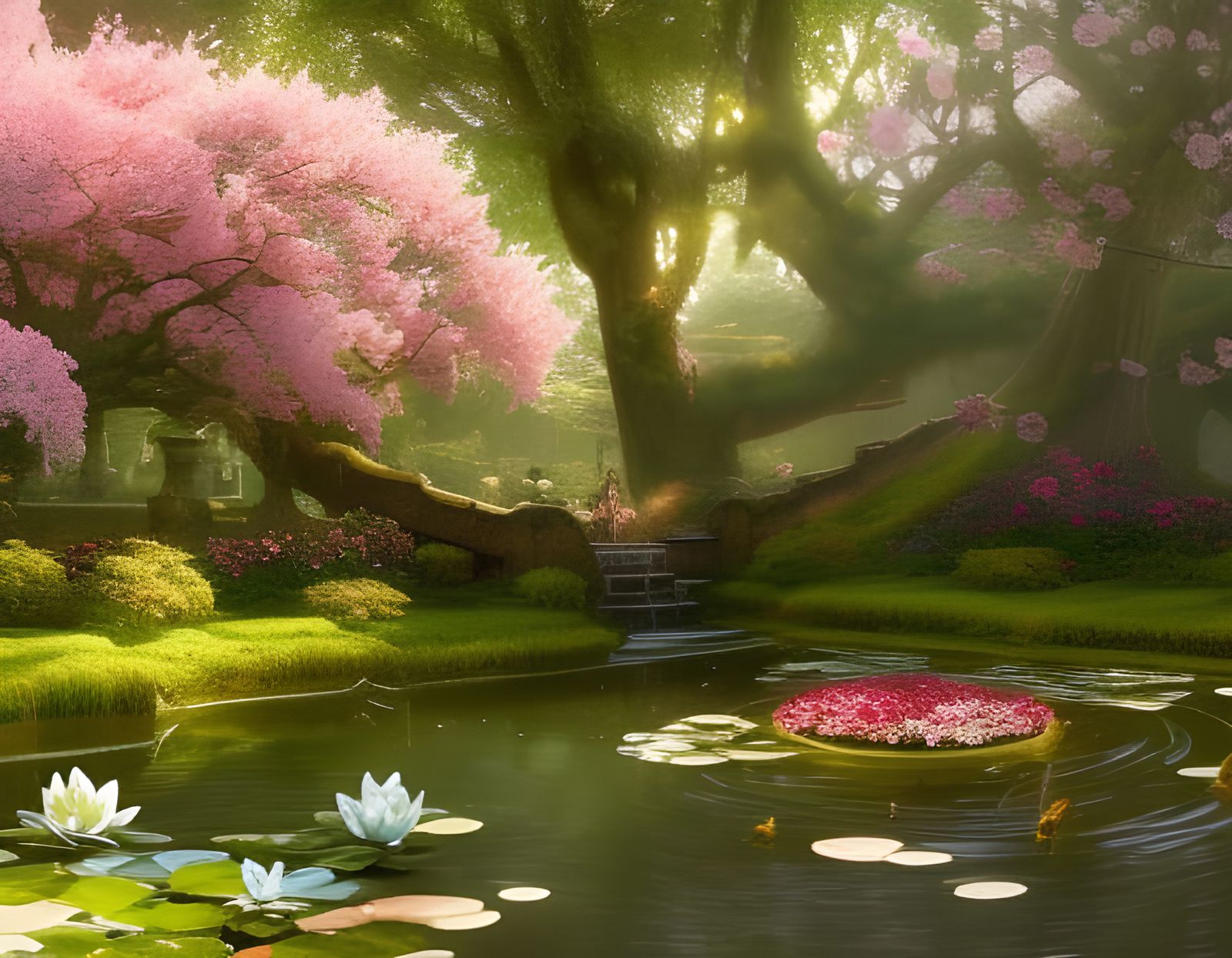 Enchanted Garden with Blooming Cherry Tree