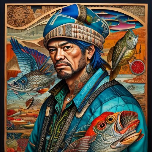Hyperdetailed Fisherman Collage in Mixed Media