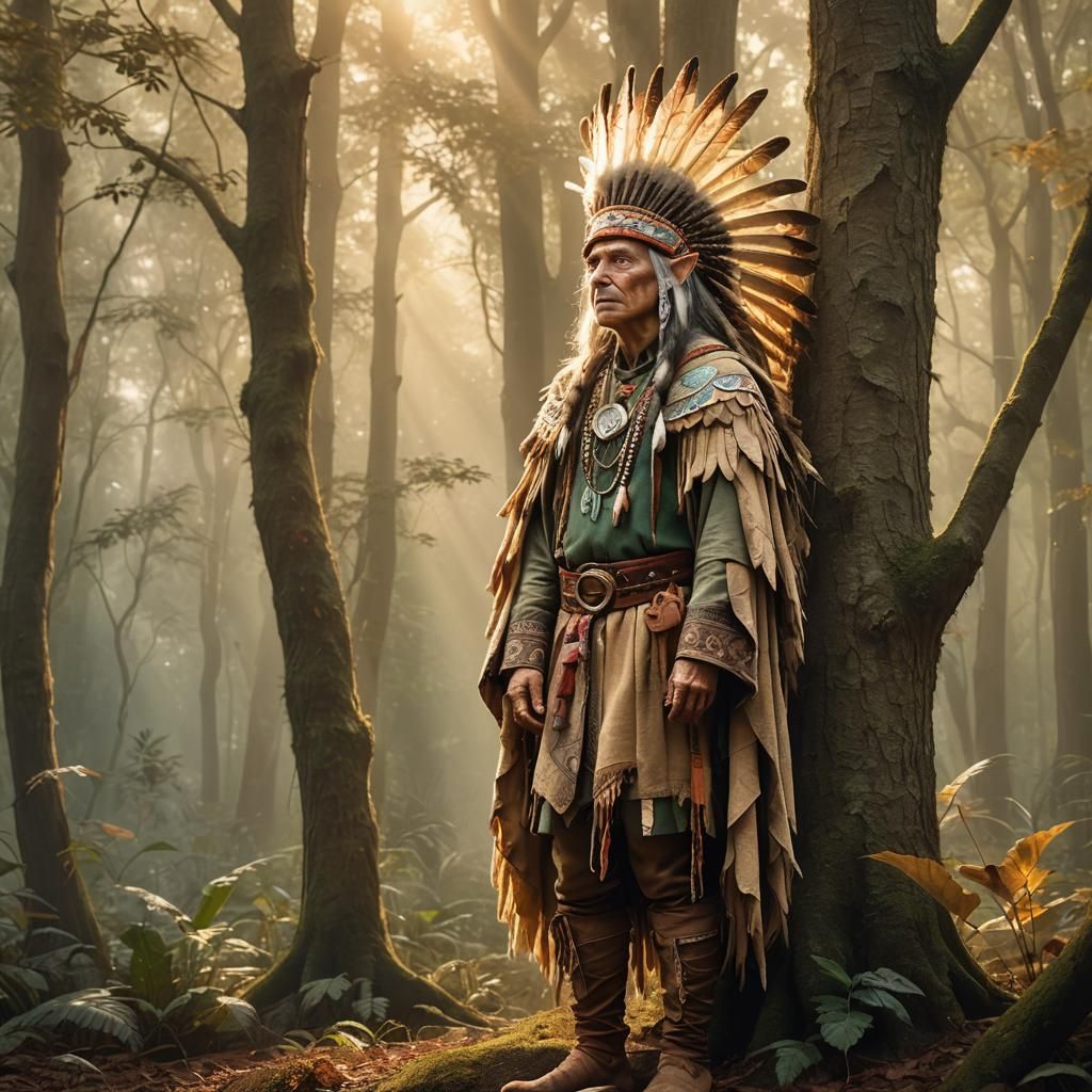 Elf as Native American Chief in Forest Clearing