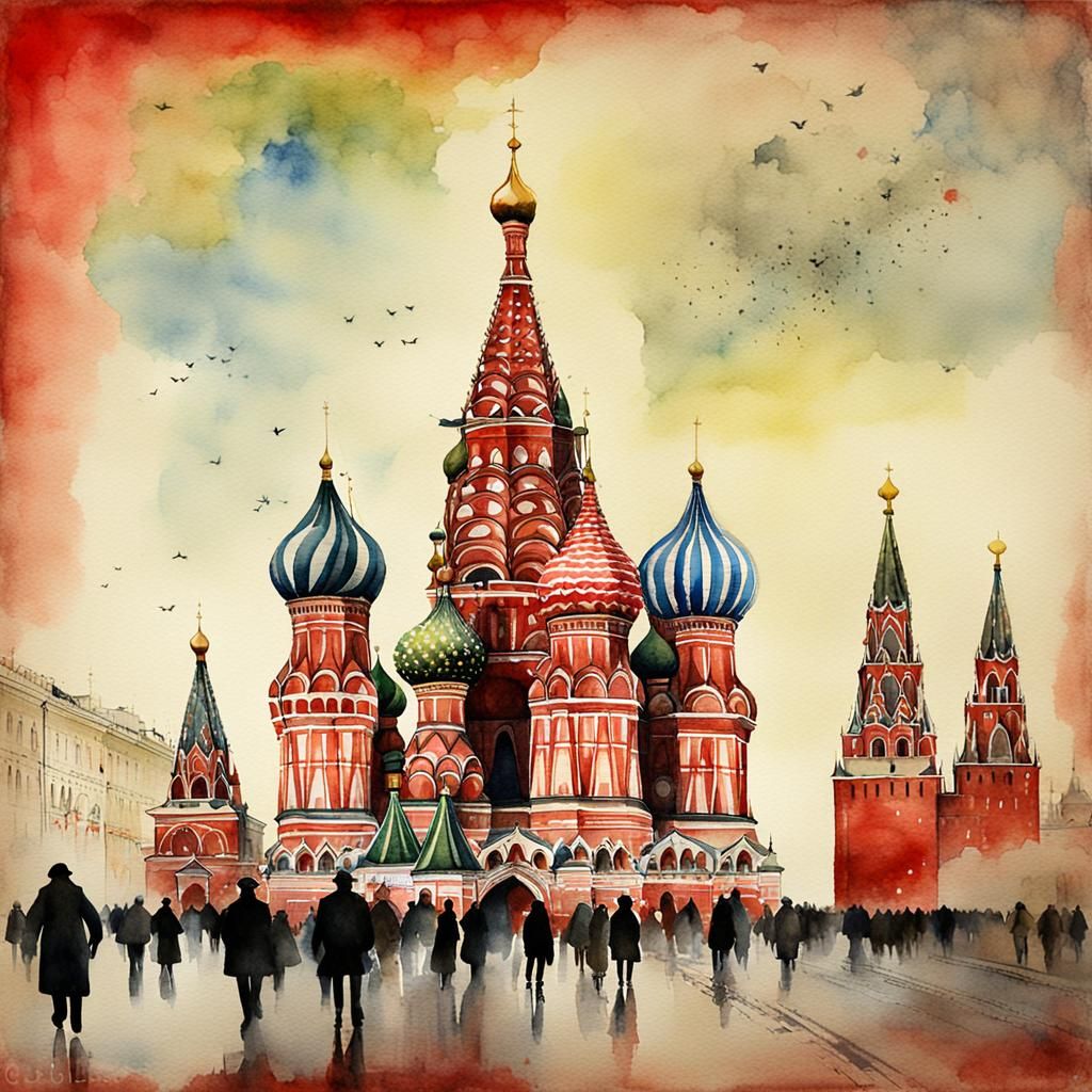 Red Square Moscow in Watercolor Style