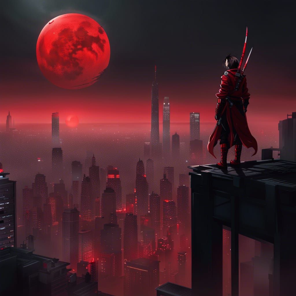 Cyber Samurai Overlooking Metropolis in Japanese Aesthetic