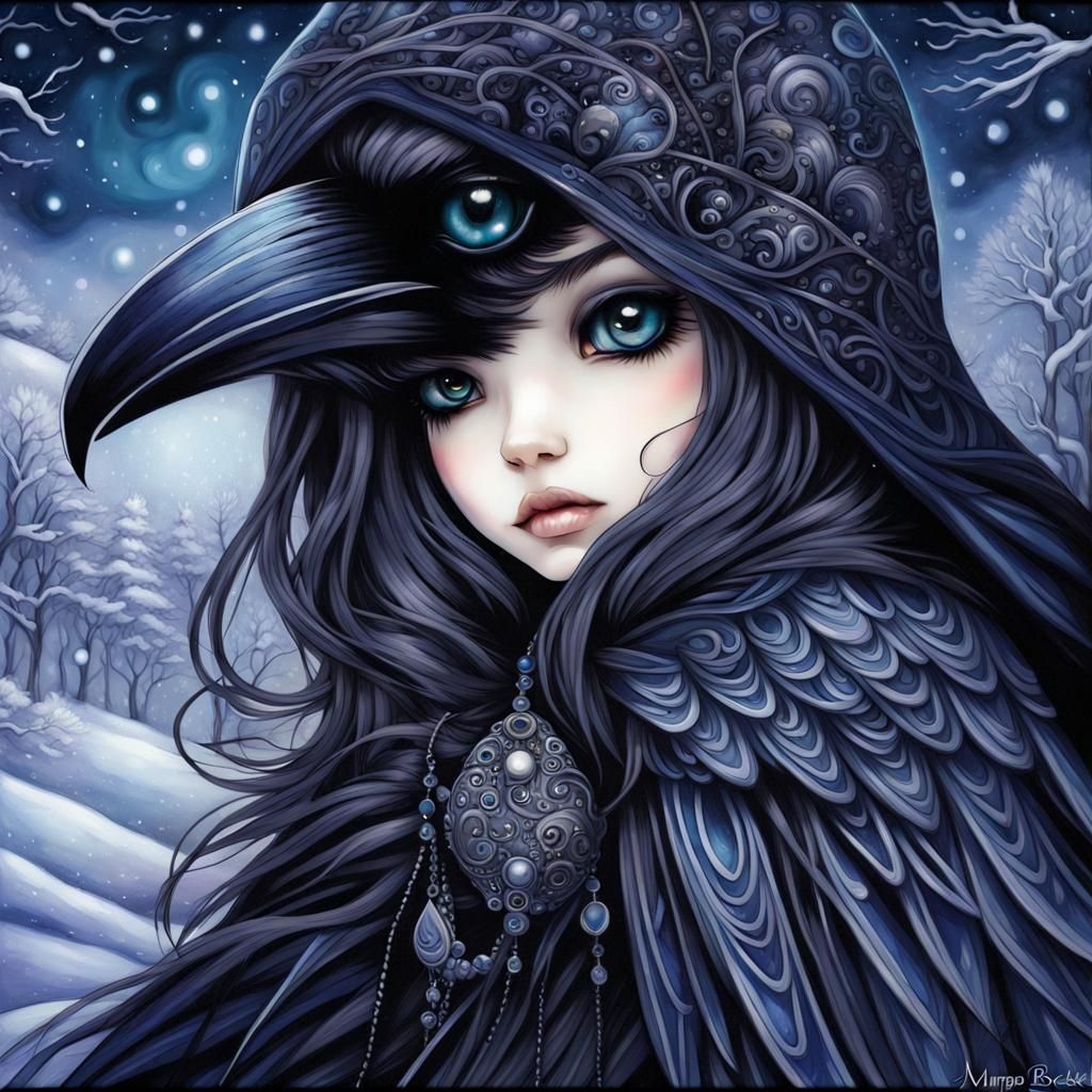Anime Raven in Winter Night