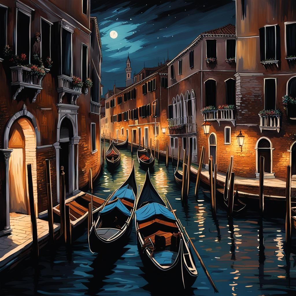 Venice Canal at Night in Splash Art Style