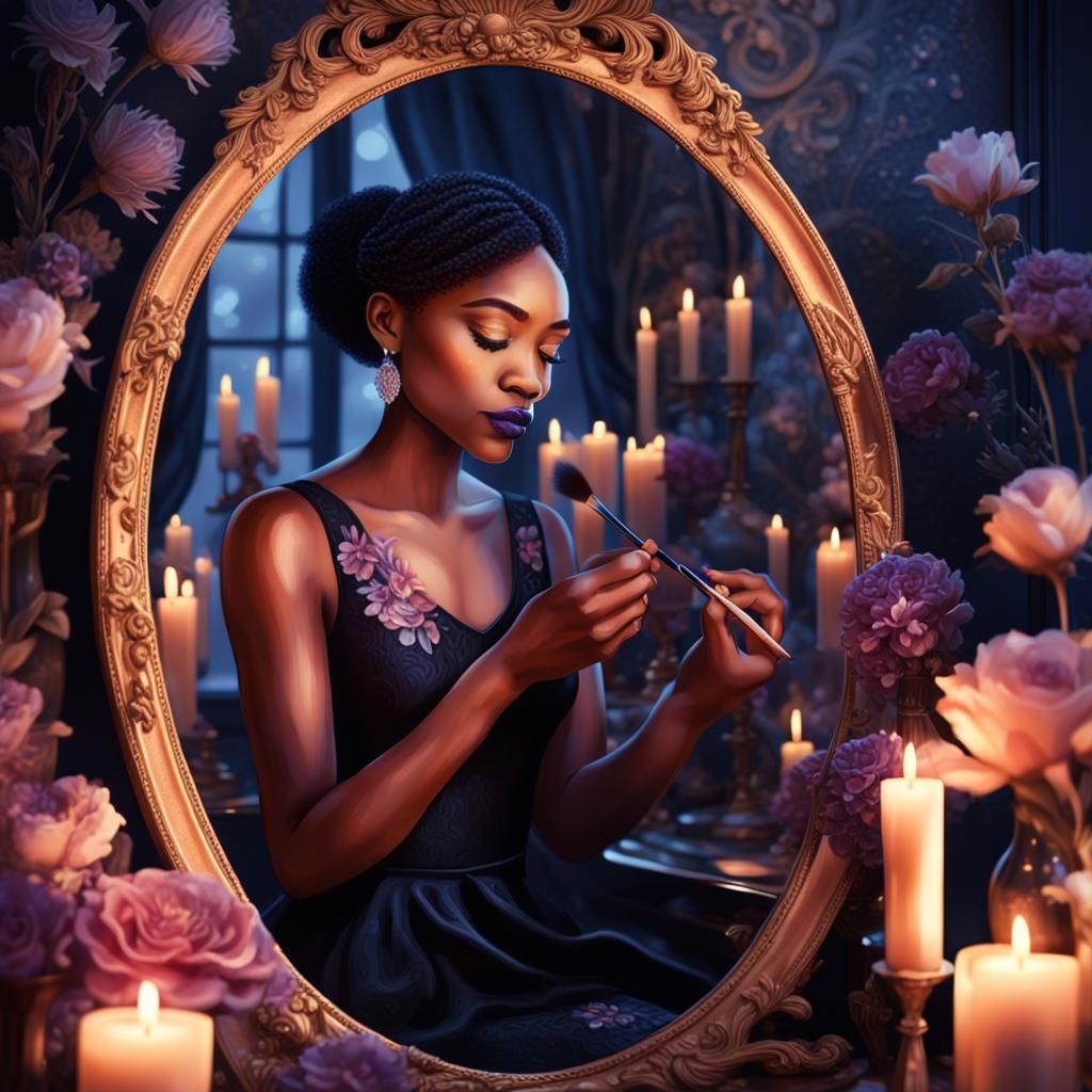 Glamorous Woman Applying Makeup, in Digital Art Style