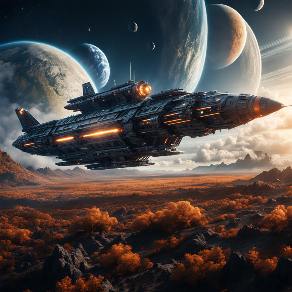 Large Spaceship Speeds Towards Orbit in Digital Painting