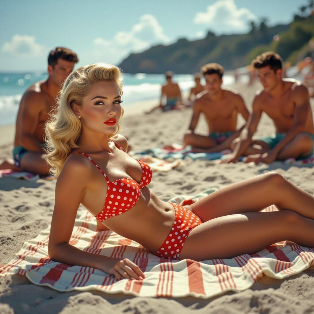 1950s Beach Babe in Red Bikini Looking Disdainfully