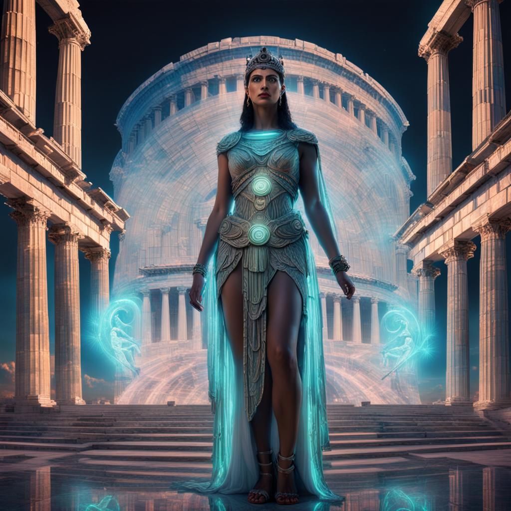 Holographic Athena Goddess in Surreal Neon Setting